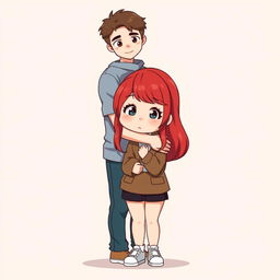 A full-body chibi-style illustration featuring a handsome, slim young adult boy and a curvy, plus-sized young adult girl of the same age and height