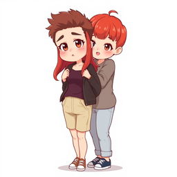 A full-body chibi-style illustration featuring a handsome, slim young adult boy and a curvy, plus-sized young adult girl of the same age and height