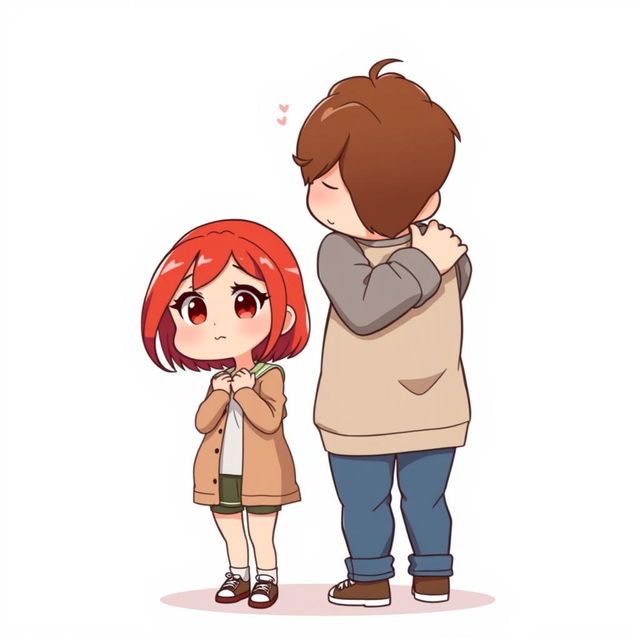 A full-body chibi-style illustration featuring a handsome, slim young adult boy and a curvy, plus-sized young adult girl of the same age and height