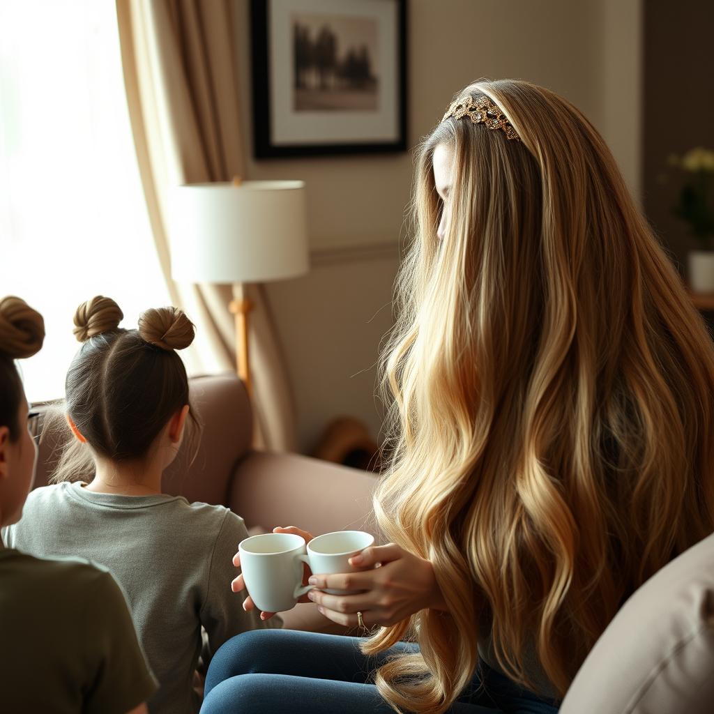 A mother with very long, silky, and flowing hair adorned with a headband, serving coffee to her guests