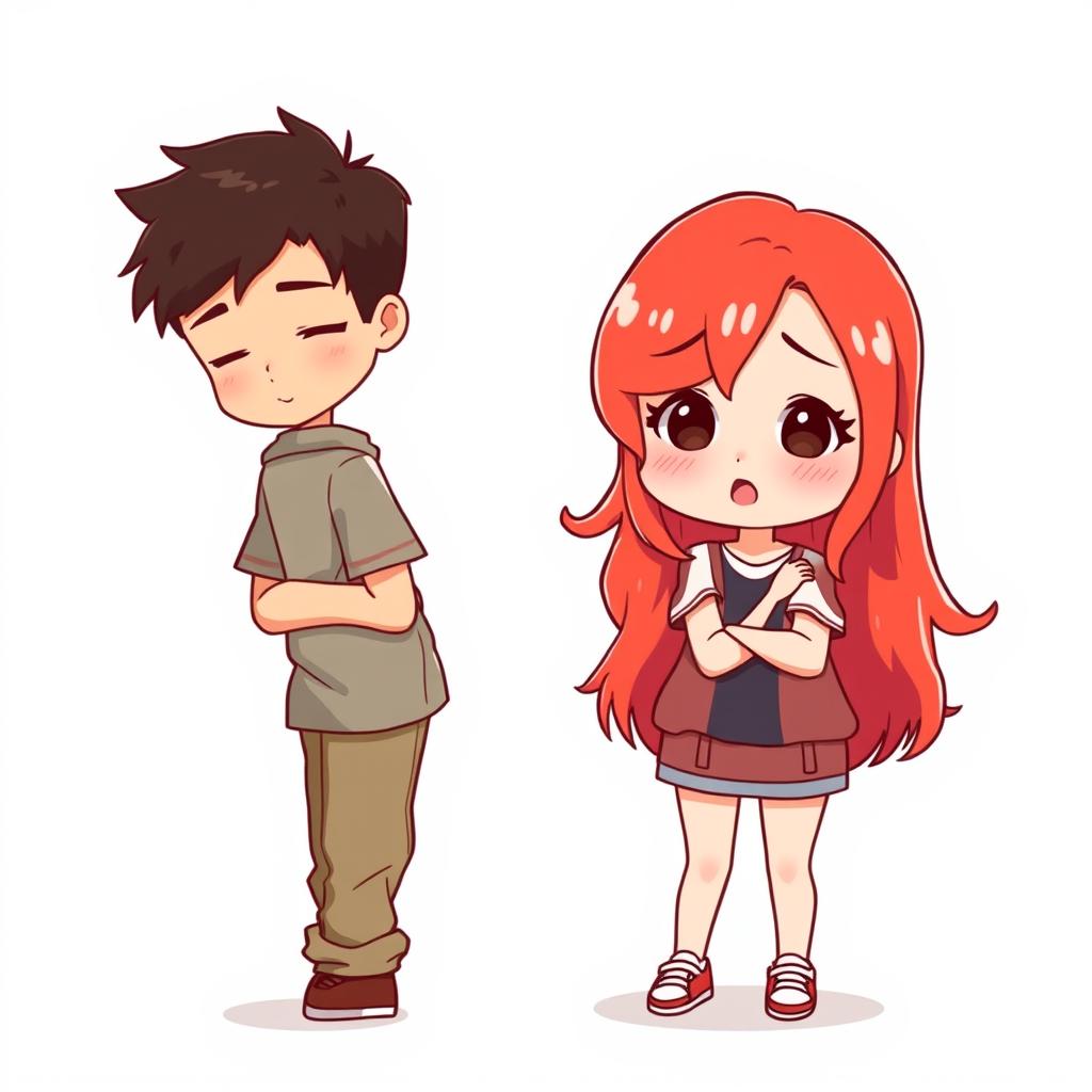 A full-body chibi-style illustration featuring a handsome, slim young adult boy and a curvy, plus-sized young adult girl of the same age and height