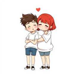 A full-body chibi-style illustration featuring a handsome, slim young adult boy and a curvy, plus-sized young adult girl of the same age and height