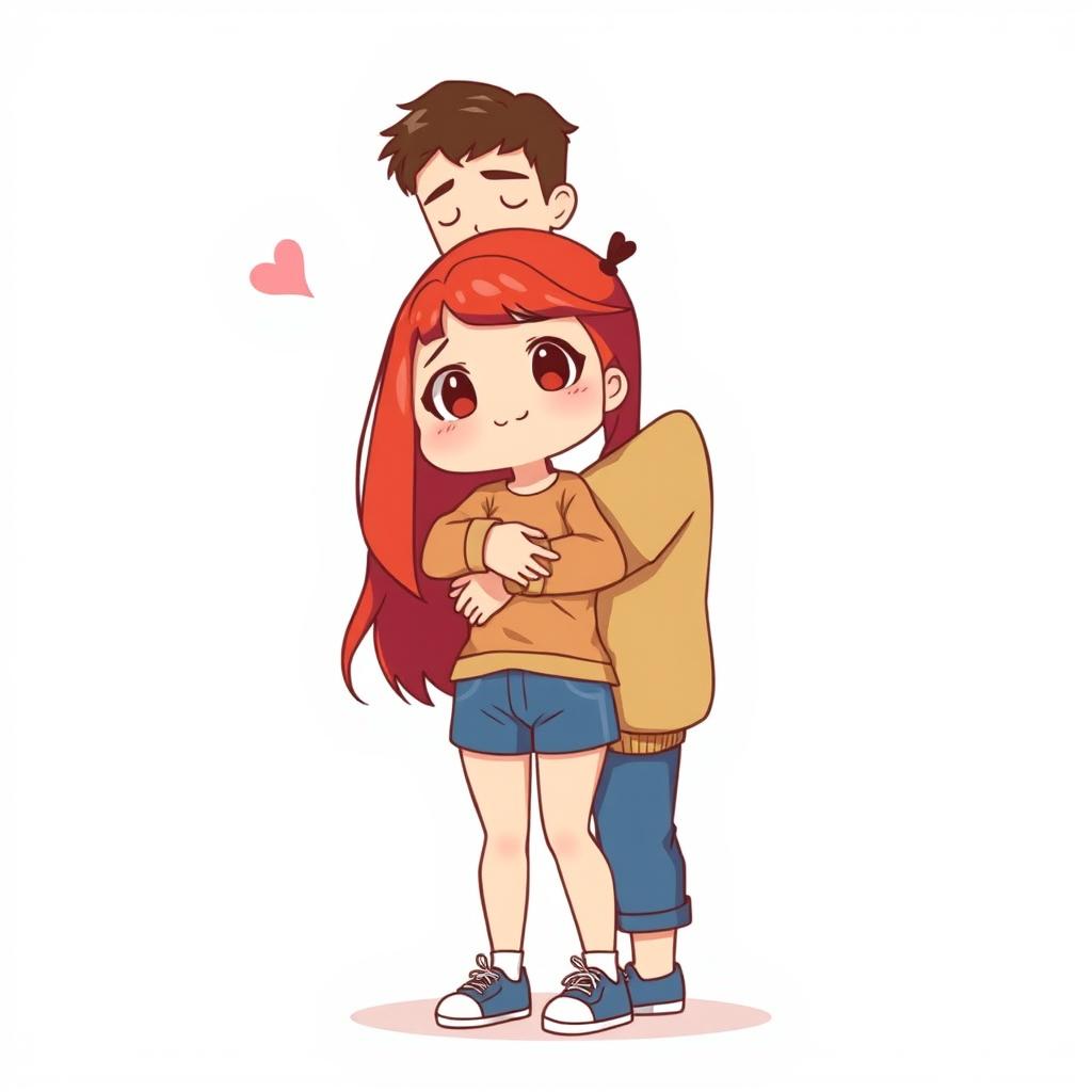 A full-body chibi-style illustration featuring a handsome, slim young adult boy and a curvy, plus-sized young adult girl of the same age and height