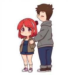 A full-body chibi-style illustration featuring a handsome, slim young adult boy and a curvy, plus-sized young adult girl of the same age and height