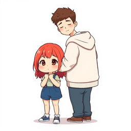 A full-body chibi-style illustration featuring a handsome, slim young adult boy and a curvy, plus-sized young adult girl of the same age and height