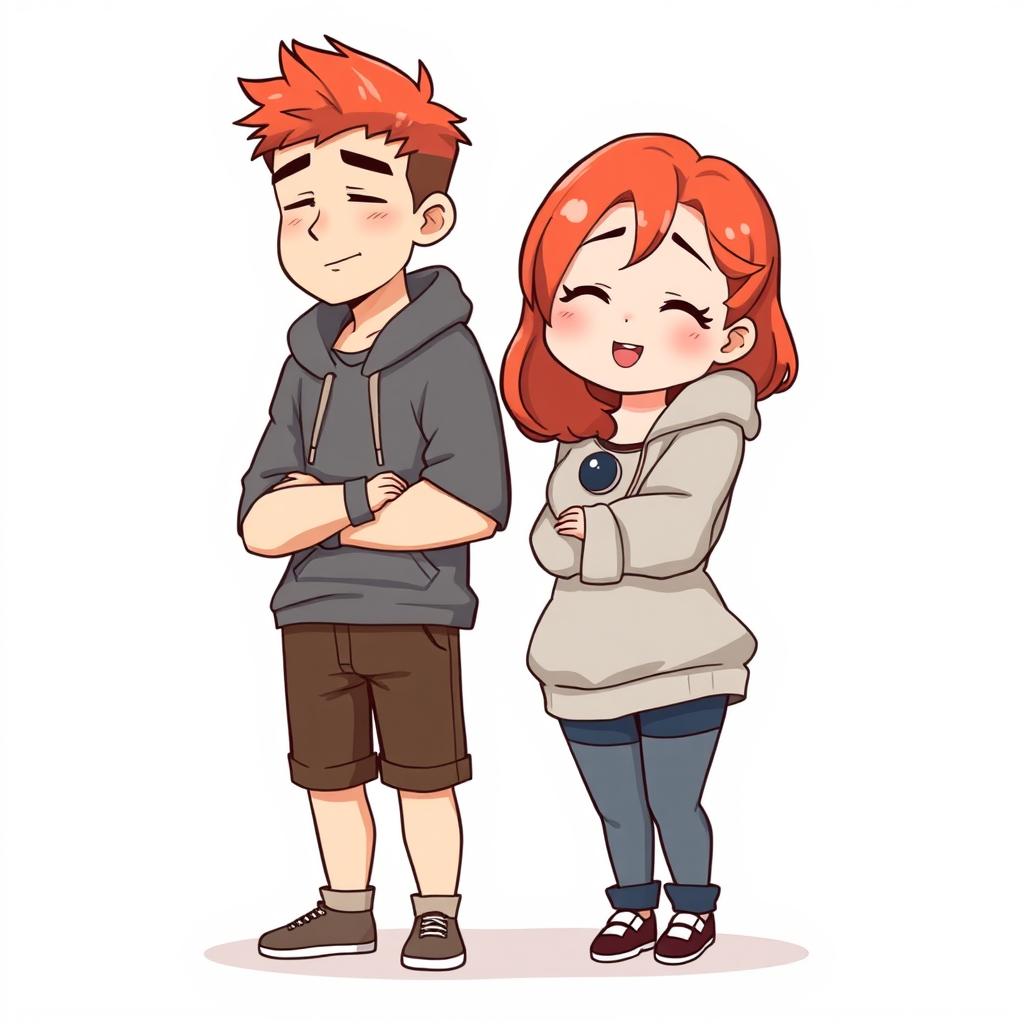 A full-body chibi-style illustration featuring a handsome, slim young adult boy and a curvy, plus-sized young adult girl of the same age and height