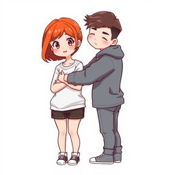 A full-body chibi-style illustration featuring a handsome, slim young adult boy and a curvy, plus-sized young adult girl of the same age and height