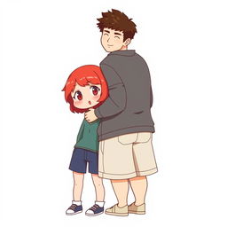 A full-body chibi-style illustration featuring a handsome, slim young adult boy and a curvy, plus-sized young adult girl of the same age and height