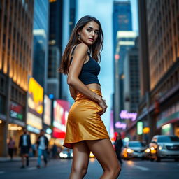 A beautiful young woman in a fashionable, daring micro skirt, standing confidently in an urban setting