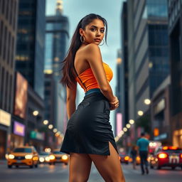 A beautiful young woman in a fashionable, daring micro skirt, standing confidently in an urban setting