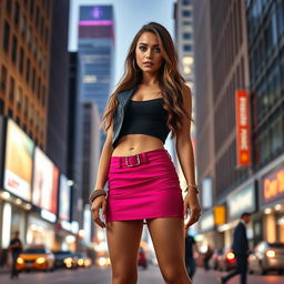 A beautiful young woman in a fashionable, daring micro skirt, standing confidently in an urban setting