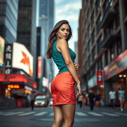 A beautiful young woman in a fashionable, daring micro skirt, standing confidently in an urban setting