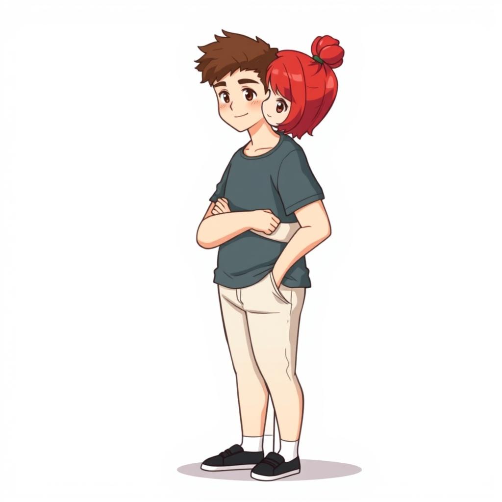 A full-body chibi-style illustration featuring a handsome, slim young adult boy and a curvy, plus-sized young adult girl of the same age and height