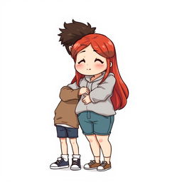 A full-body chibi-style illustration featuring a handsome, slim young adult boy and a curvy, plus-sized young adult girl of the same age and height