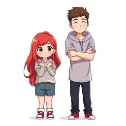 A full-body chibi-style illustration featuring a handsome, slim young adult boy and a curvy, plus-sized young adult girl of the same age and height