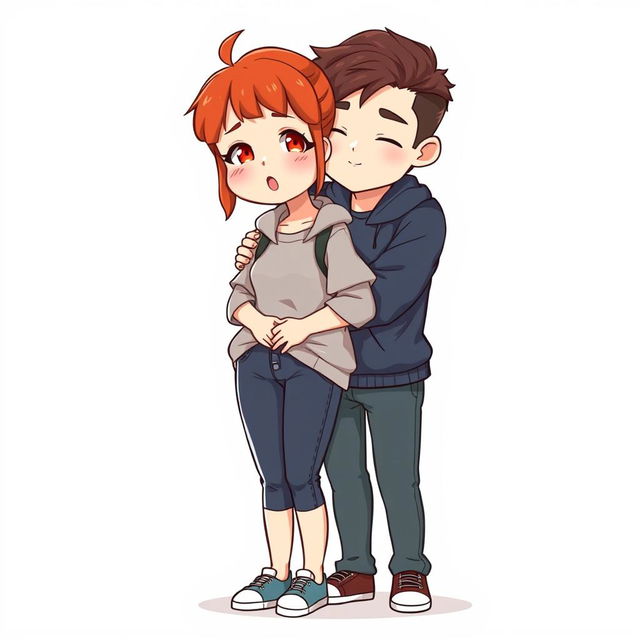 A full-body chibi-style illustration featuring a handsome, slim young adult boy and a curvy, plus-sized young adult girl of the same age and height