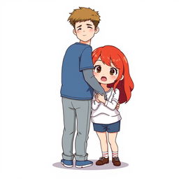 A full-body chibi-style illustration featuring a handsome, slim young adult boy and a curvy, plus-sized young adult girl of the same age and height