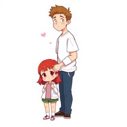 A full-body chibi-style illustration featuring a handsome, slim young adult boy and a curvy, plus-sized young adult girl of the same age and height