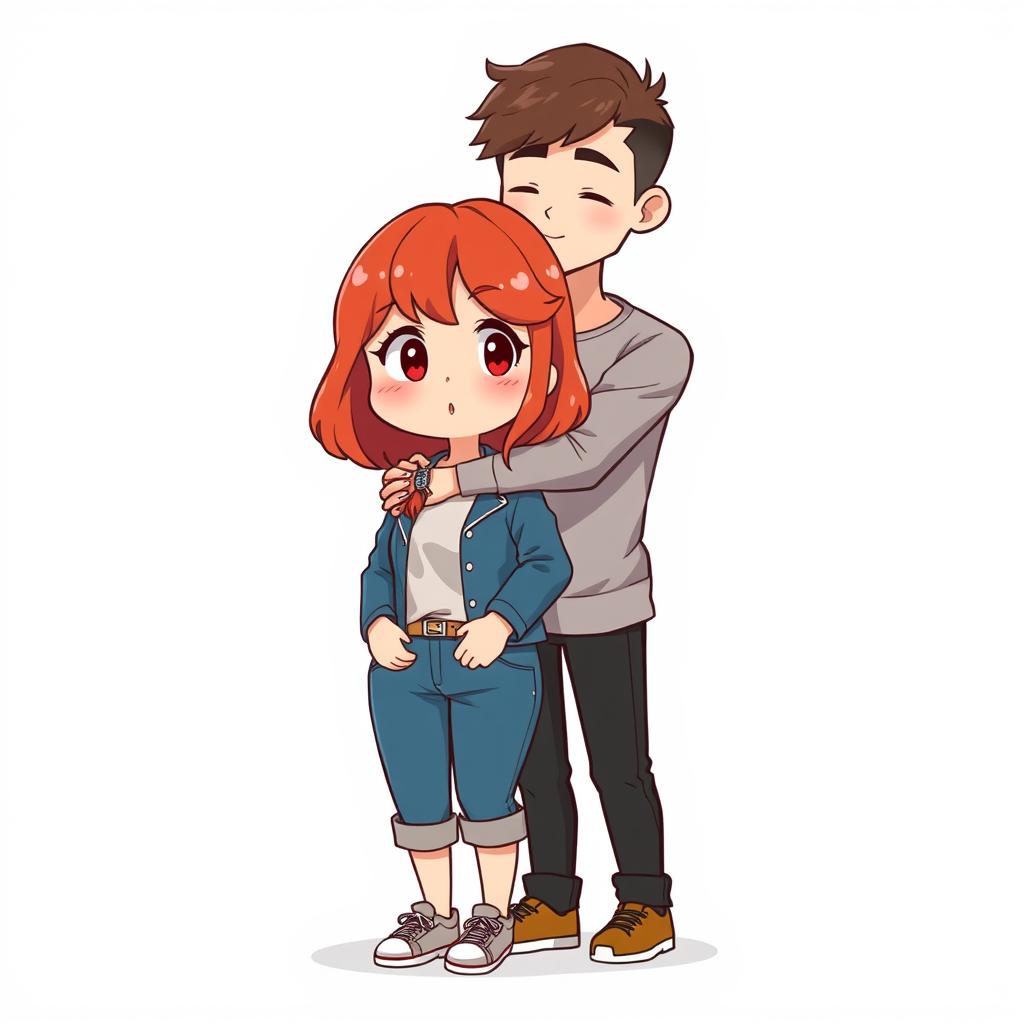 A full-body chibi-style illustration featuring a handsome, slim young adult boy and a curvy, plus-sized young adult girl of the same age and height