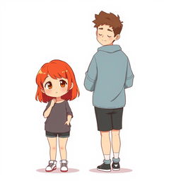 A full-body chibi-style illustration featuring a handsome, slim young adult boy and a curvy, plus-sized young adult girl of the same age and height