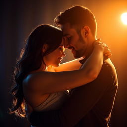 A man and a woman embracing in a passionate, intimate moment, wrapped in each other's arms by the glow of a soft, romantic light