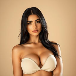 Arabic woman with a thick white body, standing at 163 cm tall and weighing 65 kg, with beautiful black hair and captivating brown eyes