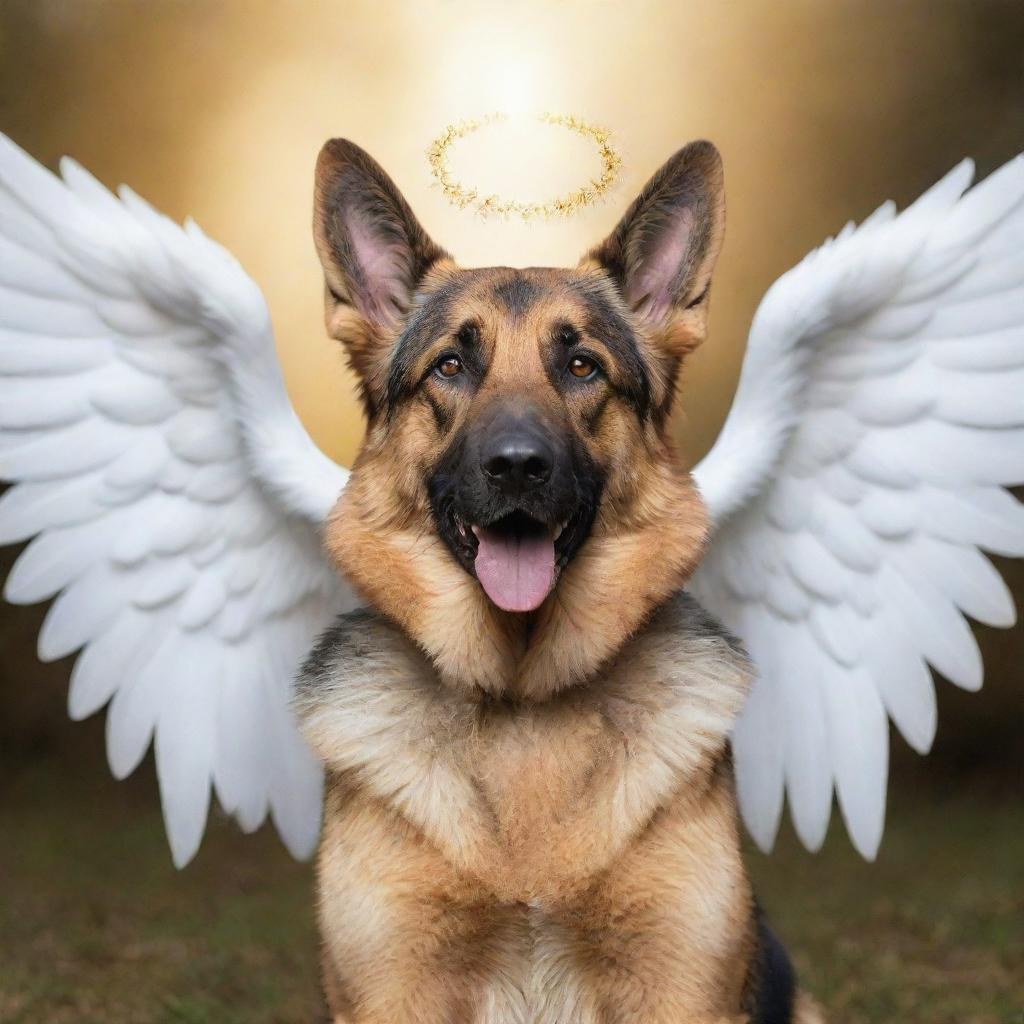 A majestic German Shepherd appearing as an angel, with pure white glittering wings spread wide and a golden halo hovering over its head.