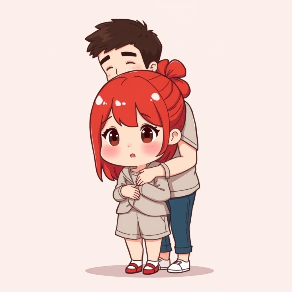 A full-body chibi-style illustration featuring a handsome, slim young adult boy and a curvy, plus-sized young adult girl of the same age and height