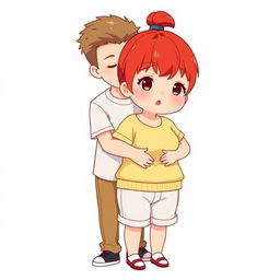 A full-body chibi-style illustration featuring a handsome, slim young adult boy and a curvy, plus-sized young adult girl of the same age and height