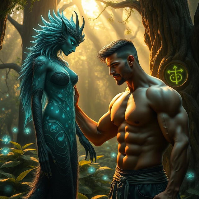 A fantastical scene featuring a muscular man interacting with a magical creature-like woman who exudes beast-like qualities, such as fur, claws, and an ethereal aura