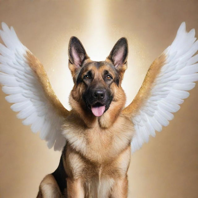 A majestic German Shepherd appearing as an angel, with pure white glittering wings spread wide and a golden halo hovering over its head.