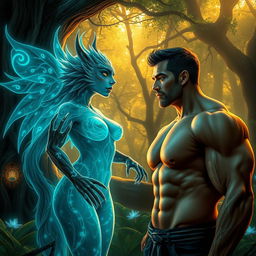 A fantastical scene featuring a muscular man interacting with a magical creature-like woman who exudes beast-like qualities, such as fur, claws, and an ethereal aura