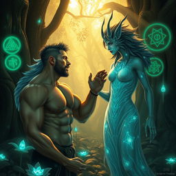 A fantastical scene featuring a muscular man interacting with a magical creature-like woman who exudes beast-like qualities, such as fur, claws, and an ethereal aura