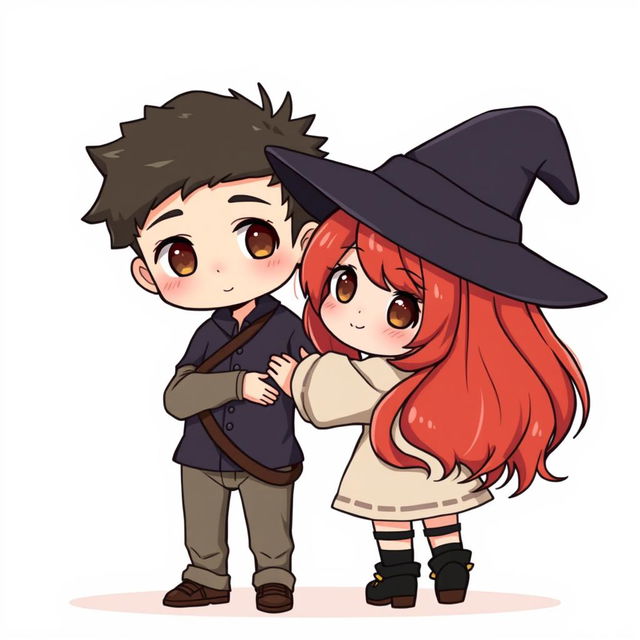 A full-body chibi-style illustration featuring a handsome, slim young adult boy and a curvy, plus-sized young adult witch girl of the same age and height