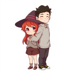 A full-body chibi-style illustration featuring a handsome, slim young adult boy and a curvy, plus-sized young adult witch girl of the same age and height