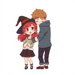 A full-body chibi-style illustration featuring a handsome, slim young adult boy and a curvy, plus-sized young adult witch girl of the same age and height