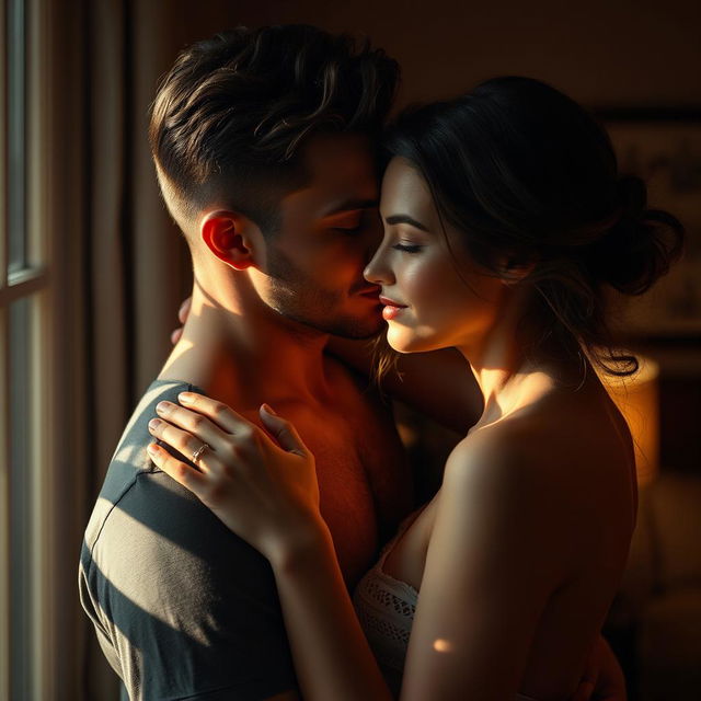 A sensual and intimate moment between a man and a woman, captured with an emphasis on connection and emotion