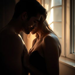 A sensual and intimate moment between a man and a woman, captured with an emphasis on connection and emotion