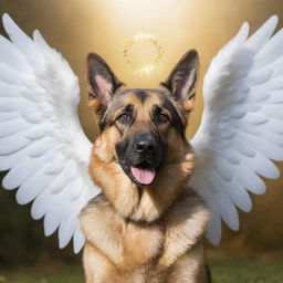 A majestic German Shepherd appearing as an angel, with pure white glittering wings spread wide and a golden halo hovering over its head.