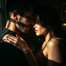 A sensual and intimate moment between a man and a woman, captured with an emphasis on connection and emotion