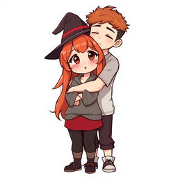 A full-body chibi-style illustration featuring a handsome, slim young adult boy and a curvy, plus-sized young adult witch girl of the same age and height