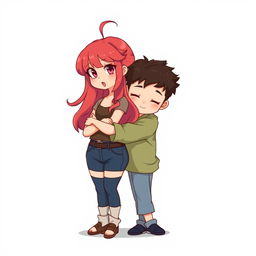 A full-body chibi-style illustration featuring a handsome, slim young adult boy and a curvy, plus-sized young adult witch girl of the same age and height