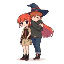 A full-body chibi-style illustration featuring a handsome, slim young adult boy and a curvy, plus-sized young adult witch girl of the same age and height