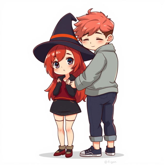 A full-body chibi-style illustration featuring a handsome, slim young adult boy and a curvy, plus-sized young adult witch girl of the same age and height