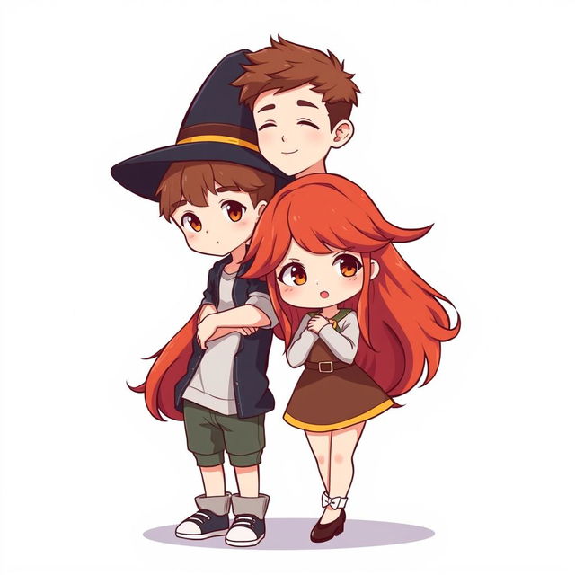 A full-body chibi-style illustration featuring a handsome, slim young adult boy and a curvy, plus-sized young adult witch girl of the same age and height