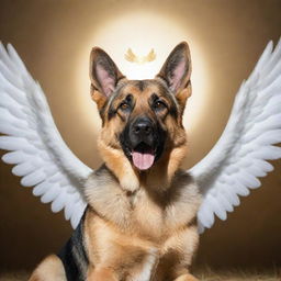 A majestic German Shepherd appearing as an angel, with pure white glittering wings spread wide and a golden halo hovering over its head.