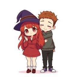 A full-body chibi-style illustration featuring a handsome, slim young adult boy and a curvy, plus-sized young adult witch girl of the same age and height