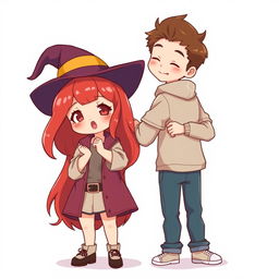 A full-body chibi-style illustration featuring a handsome, slim young adult boy and a curvy, plus-sized young adult witch girl of the same age and height