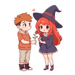 A full-body chibi-style illustration featuring a handsome, slim young adult boy and a curvy, plus-sized young adult witch girl of the same age and height