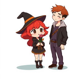 A full-body chibi-style illustration featuring a handsome, slim young adult boy and a curvy, plus-sized young adult witch girl of the same age and height